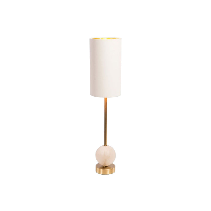 Our Orb Base Table Lamp is a simple and minimalist design. It has a brushed brass base with a white alabaster ball, topped with an opal shade. With its skinny design, this lamp is ideal for small spaces.  Dimensions: W:150 H:400 D:150 mm   Materials: Metal, Fabric, Alabaster Plaster   Delivery: 5-7 days