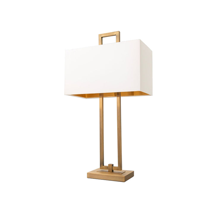 This striking square frame table lamp, features an antique brass finish base, topped with an opal shade. This lamp would look great styled on either side of a bed or in a living room.  Dimensions: W:380 H:700 D:210 mm  Materials: Metal, Fabric  Delivery: 5-7 days