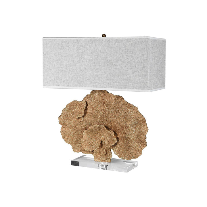 A beautiful gold faux coral lamp with a clear perspex base, and a rectangular grey linen shade.  Dimensions: H:640 W:550 D:250 mm   Materials: Resin / PVC   Delivery: 7-10 days